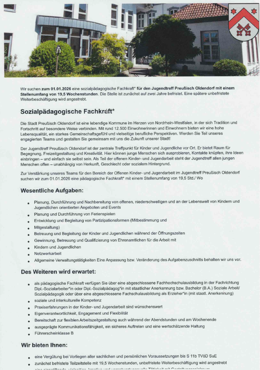 Stellenausschreibung: Sozialpädagogische Fachkraft* | Stadt Preußisch Oldendorf | 11